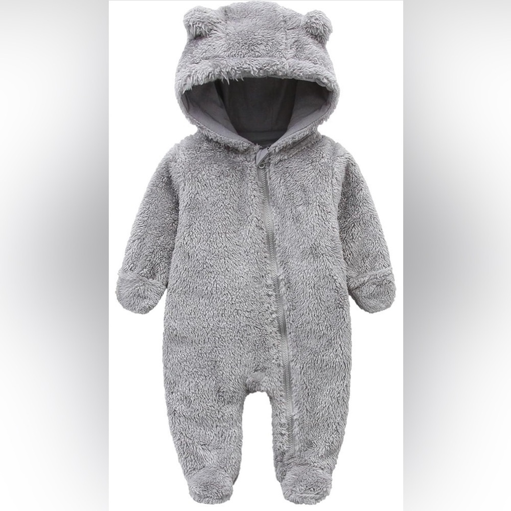 Baby snowsuit fleece lined onsie warm hooded romper